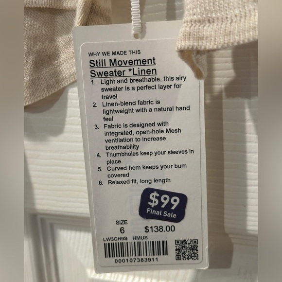 *NWT* Lululemon Still Movement Sweater Heathered Muslin Cream Tan Size 6 - Picture 8 of 12